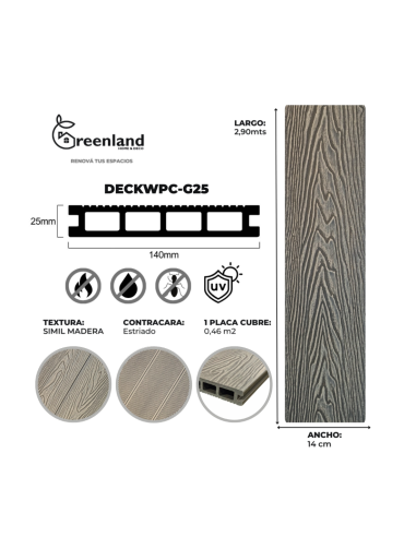 Deck Wpc Brown 25 Mm 290cm X 14cm X Caja 5 U + Clips Encastre Greenland
