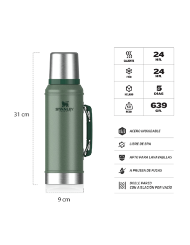 Termo Clasico 950 Ml Con Manija Y Tapon Cebador Verde Stanley