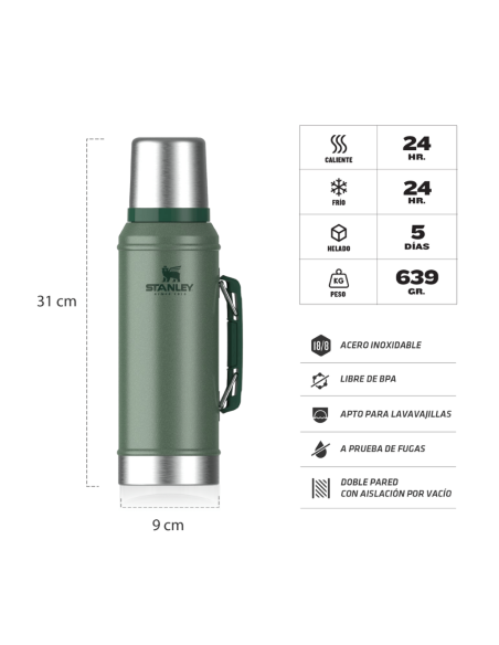 Termo Clasico 950 Ml Con Manija Y Tapon Cebador Verde Stanley